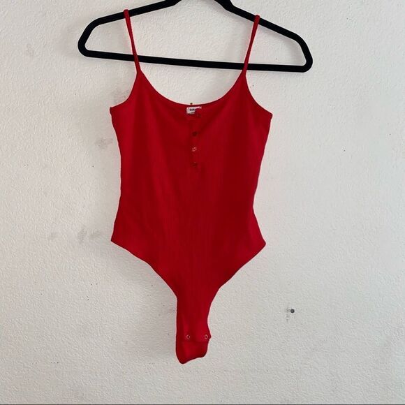 Garage Red Button Down Cami Bodysuit - Picture 2 of 9